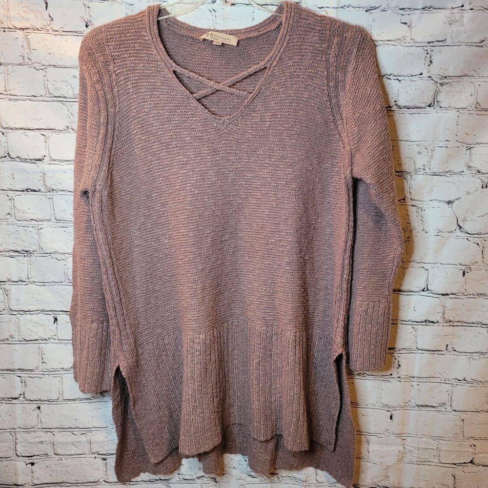 Philosophy Sweater Womens 1X Mauve Excellent Crisscross V-Neck Tunic Side Slit